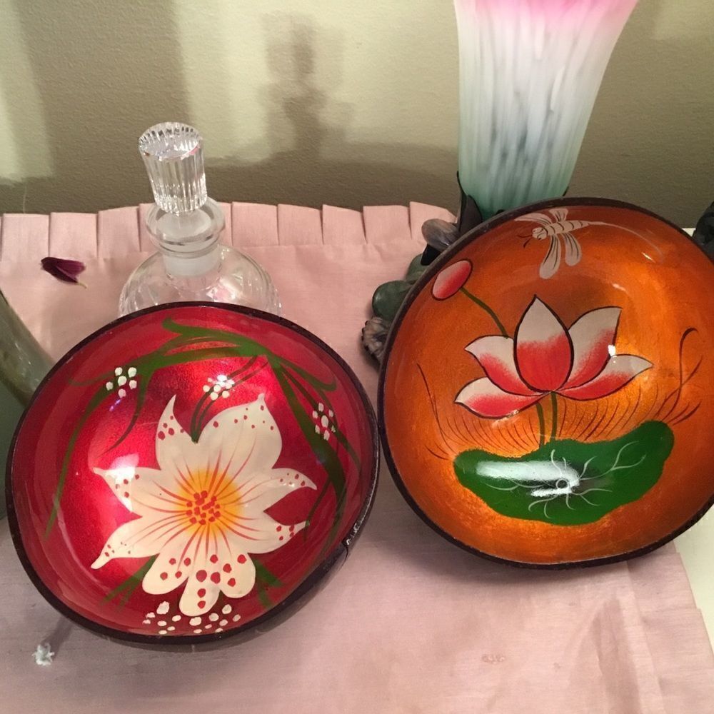 New Vietnamese Painted Coconut Bowl Orange Lilly